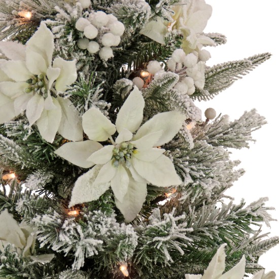  3′ Feel Real Frosted Colonial Pencil Slim Hinged Tree with Poinsettias, Berries 50 Clear Lights – Green