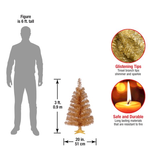  Artificial Christmas Tree, Champagne Gold Tinsel, Includes Stand, 3 feet