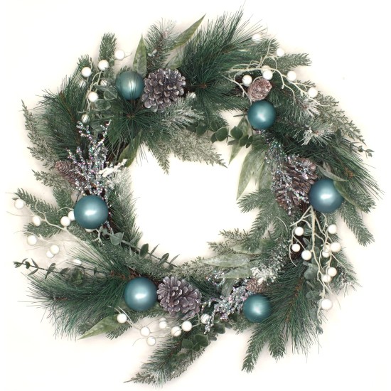  Artificial Decorated Evergreen Christmas Wreath, with Berry Clusters, Silver Pinecones, and Leafy Greens, 24 in