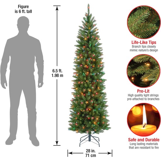  Artificial Pre-Lit Slim Christmas Tree, Green, Kingswood Fir, Multicolor Lights, Includes Stand, 6.5 Feet