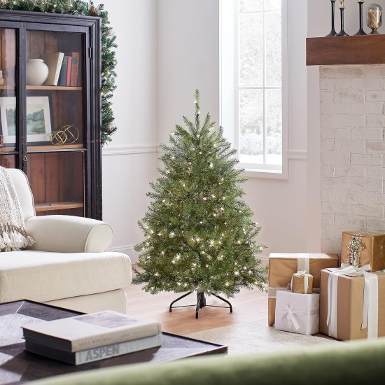  Pre-Lit Artificial Mini Christmas Tree, Green, Dunhill Fir, White Lights, Includes Stand, 4 Feet