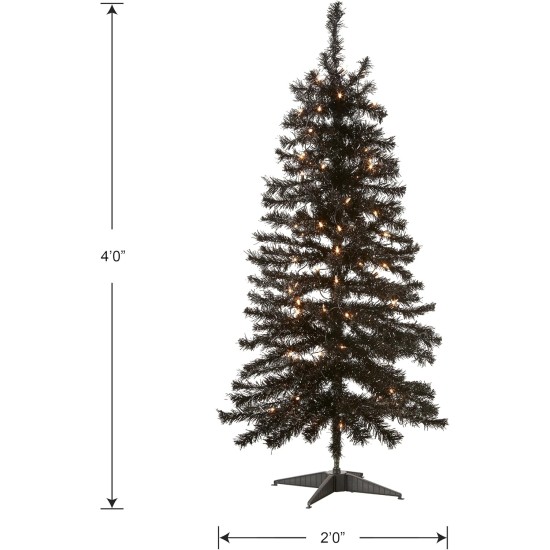  Pre-Lit Artificial Christmas Tree, Black Tinsel, White Lights, Includes Stand, 4 feet