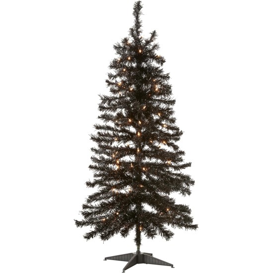  Pre-Lit Artificial Christmas Tree, Black Tinsel, White Lights, Includes Stand, 4 feet