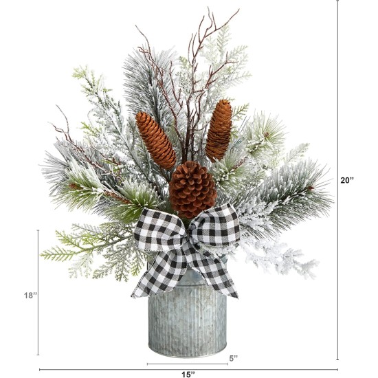  20in. Holiday Winter Greenery with Pinecones and Gingham Plaid Bow Table Artificial Christmas Arrangement