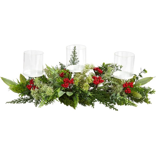  20in. Holiday Winter Greenery and Berries Triple Candle Holder Artificial Christmas Table Arrangement