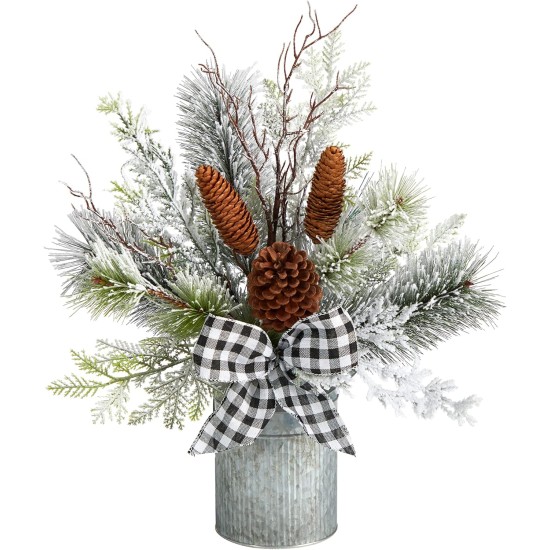  20in. Holiday Winter Greenery with Pinecones and Gingham Plaid Bow Table Artificial Christmas Arrangement