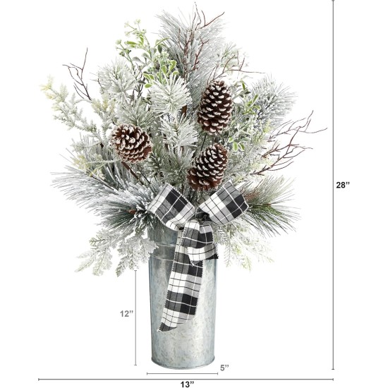  28in. Frosted Greenery and Pinecone with Plaid Bow Artificial Christmas Arrangement in Decorative Tin