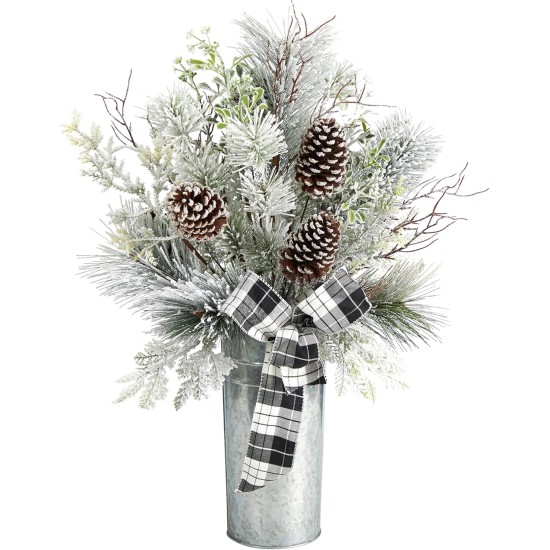  28in. Frosted Greenery and Pinecone with Plaid Bow Artificial Christmas Arrangement in Decorative Tin