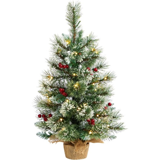  2ft. Snow Tipped Pine and Berry Artificial Christmas Tree with 35 Warm White LED Lights in Burlap Base