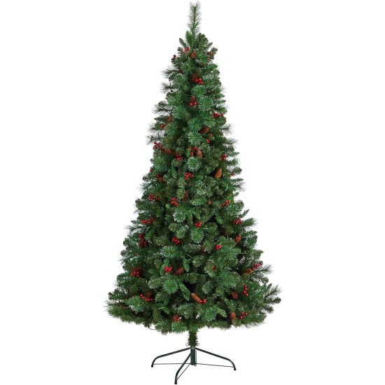  7ft. Flat Back Montreal Mountain Pine Artificial Christmas Tree with Pinecones, Berries and 210 Warm White LED Lights and 527 Bendable Branches, Green