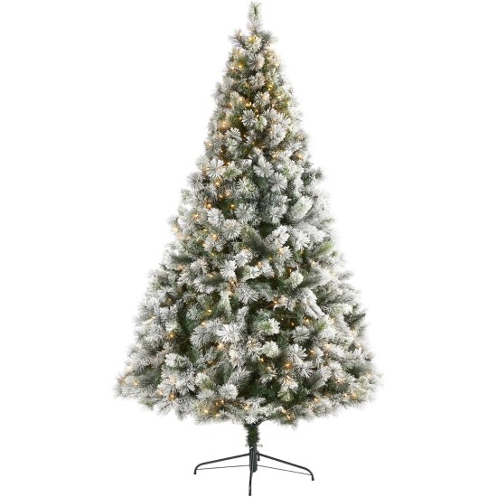  8ft. Flocked Oregon Pine Artificial Christmas Tree with 500 Clear Lights and 1172 Bendable Branches, Green