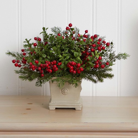  Holiday Berry and Pine Artificial Flower Arrangement, Green/Red