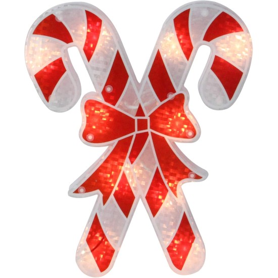  12″ Lighted Holographic Candy Cane Christmas Window Silhouette Decoration, Red