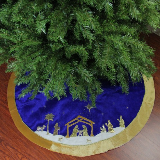  48″ Blue and Gold Nativity Scene Christmas Tree Skirt