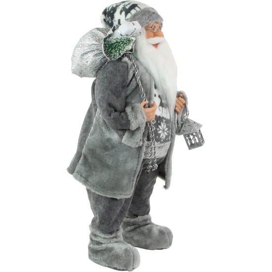  Alpine Chic Standing Santa Claus in Gray/White with A Bag and Lantern Christmas Figure, 24″