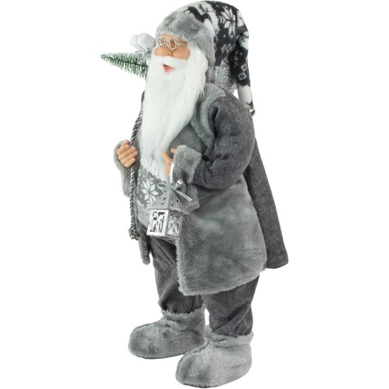  Alpine Chic Standing Santa Claus in Gray/White with A Bag and Lantern Christmas Figure, 24″