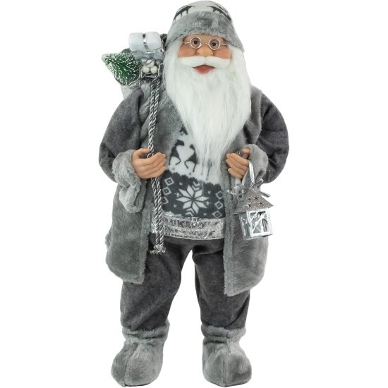  Alpine Chic Standing Santa Claus in Gray/White with A Bag and Lantern Christmas Figure, 24″