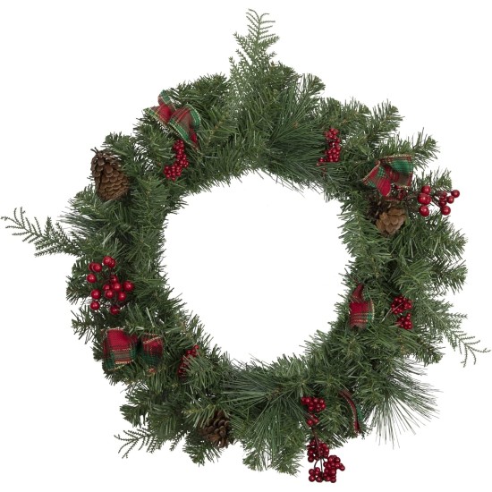  Pine Cones and Berries Artificial Christmas Wreath with Ribbon, 24-Inch, Unlit