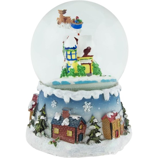  Santa Claus on Sleigh and Snowy Village Rotating Musical Christmas Water Globe Dome, 5.5″, Blue