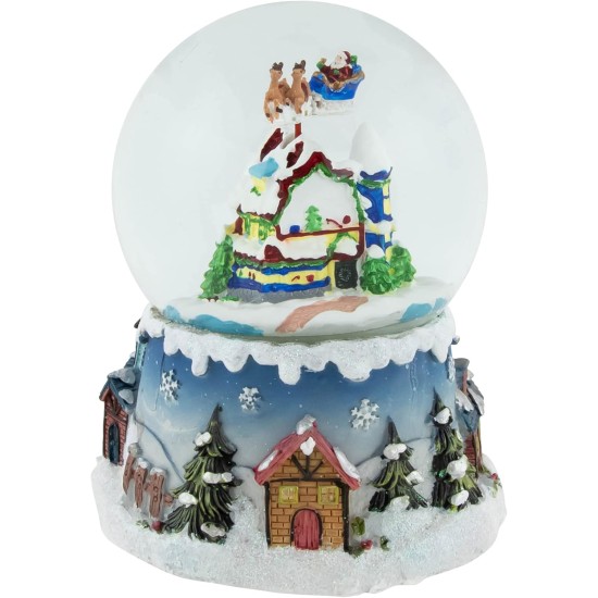  Santa Claus on Sleigh and Snowy Village Rotating Musical Christmas Water Globe Dome, 5.5″, Blue