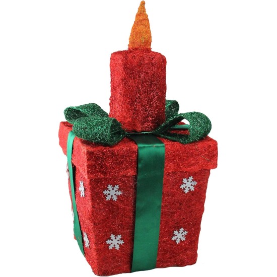  Y83828 Lighted Sparkling Sisal Present with Candle Christmas Yard Art Decoration, 20″, Red