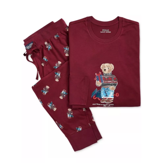  Mens 2-Pc. Cotton Polo Bear P Classic Wine With Holiday Bear M