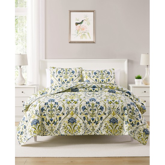  Province Floral Damask Printed Pinsonic Quilt Set, Full/Queen, White