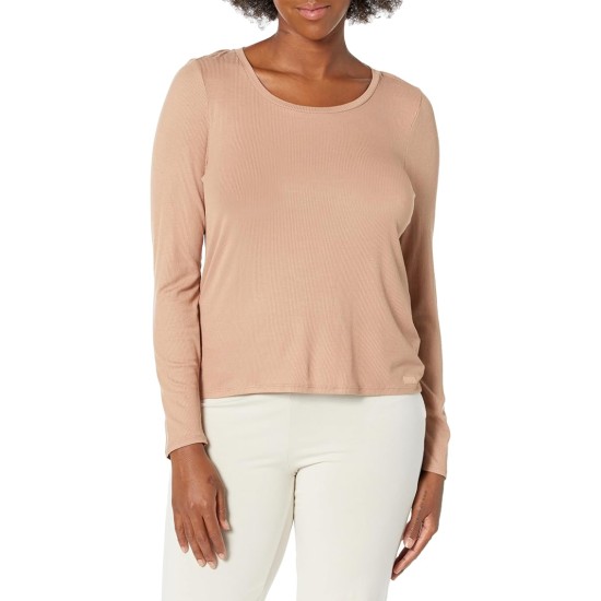  Women’s Ribbed Long-Sleeve Sleep Tee, Praline, Large