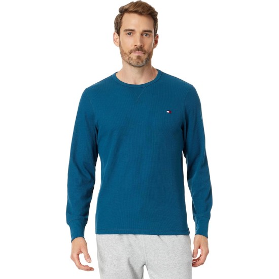  Men’s Waffle-Knit Long-Sleeve Crewneck Top, Deep Blue, Medium