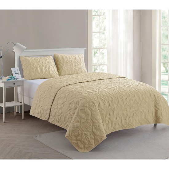  Shore Embossed 3-Piece Quilt Set, Queen, Tan