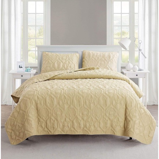  Shore Embossed 3-Piece Quilt Set, Queen, Tan