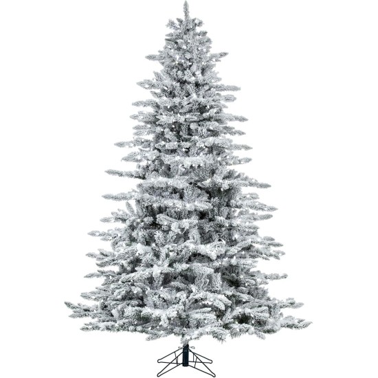  7.5′ Pre-Lit Artificial Flocked Utica Fir Tree with 850 Pure White LED Lights- Flocked White on Green – Tree Stand Included