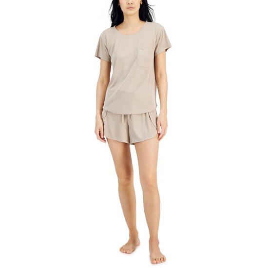  Pocket T-Shirt & Tulip-Hem Shorts Pajama Set, Beige, Small