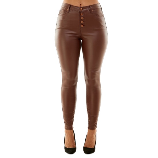  Crave Fame Juniors’ Faux-Leather Exposed-Button High-Rise Skinny Jeans, Brown, 9