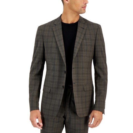  Mens Slim-Fit Black Windowpane Wool Suit Jacket, Brown, 36S