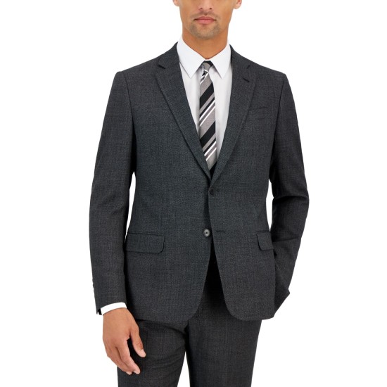  Mens Slim-Fit Black Windowpane Wool Suit Jacket, Gray, 40R