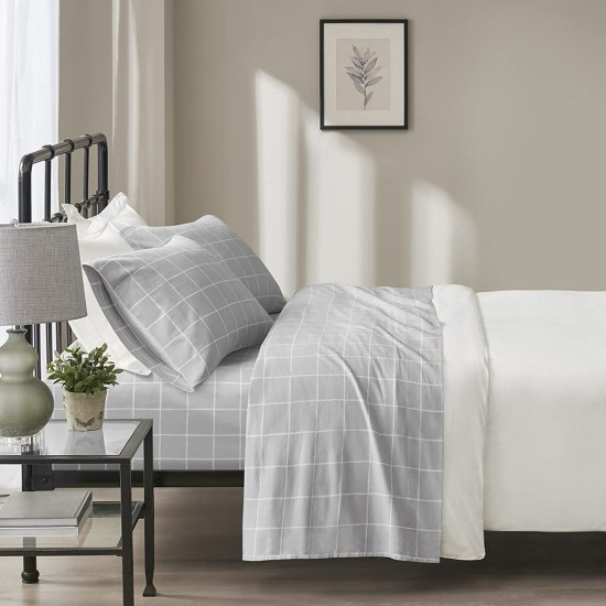  Oversized Cotton Flannel Bedding Sheet Set, King, Grey Windowpane 4 Piece