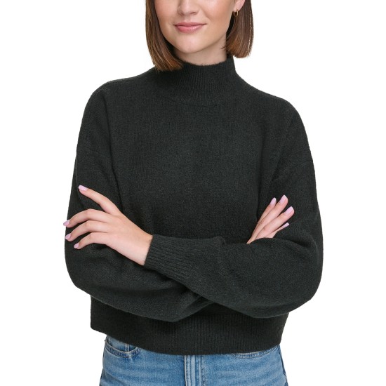  Jeans Women’s Boxy Cropped Long Sleeve Mock Neck Sweater – Black, Large