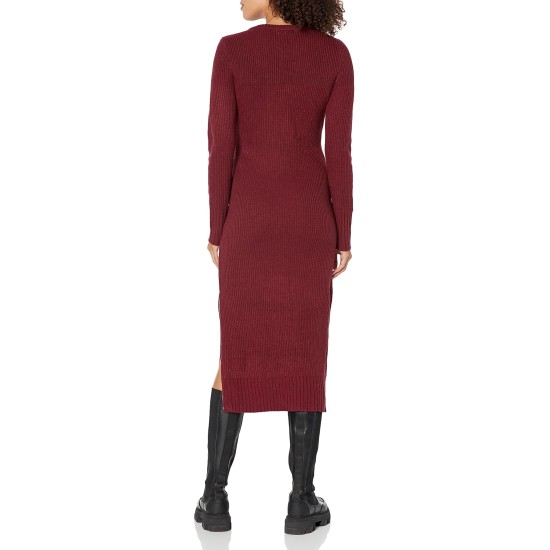  Jeans Women’s Ribbed Long Sleeve Crewneck Side Slit Dress,Syrah,Medium