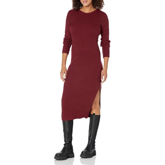  Jeans Women’s Ribbed Long Sleeve Crewneck Side Slit Dress,Syrah, Large