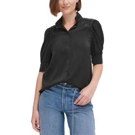  Jeans Women’s Stand-Collar Charmeuse Puff-Sleeve Shirt – Black, Medium