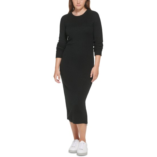  Womens Long Sleeve Crew Neck Dress with Side Slit Zipper Sweater,Black,Small