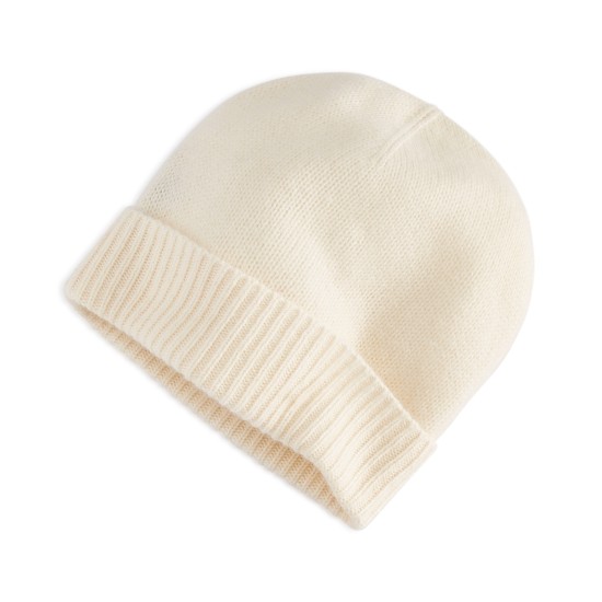  100% Cashmere Cuffed Beanie, Bianco Crema