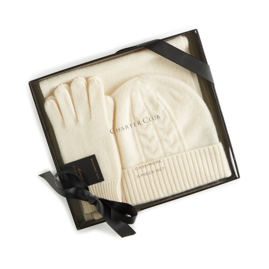  Cashmere Hat, Gloves & Scarf Boxed Set, Bianco Crema