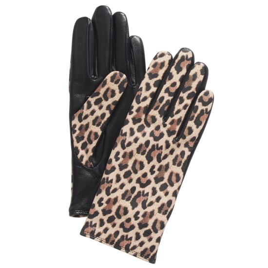  Cashmere Lined Leather Tech Gloves, Leopard, Small