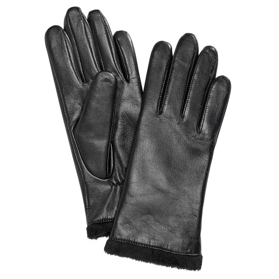  Micro Faux Fur Lined Leather Tech Gloves, Black, Large