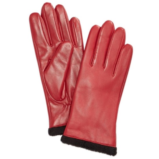  Micro Faux Fur Lined Leather Tech Gloves, Red, X-Small