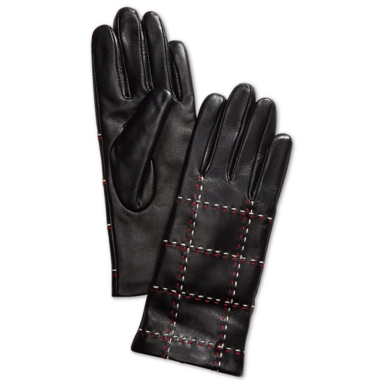  Plaid Topstitch Leather Gloves, Black, Medium