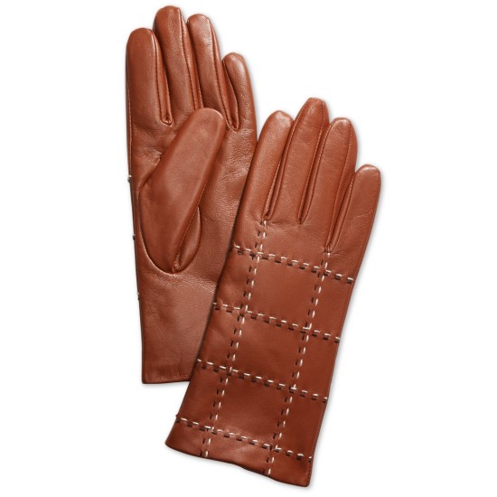  Plaid Topstitch Leather Gloves, Sandle, Large