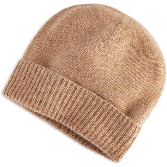  Womens 100% Cashmere Cuffed Beanie, Camel